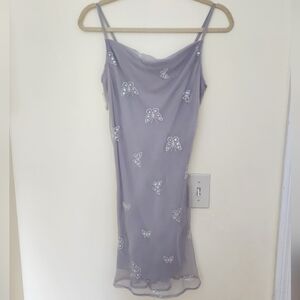 90s VTG 579 Grey Beaded Sequin Floral Slip Dress Fairy Prom Whimsy Butterfly XS